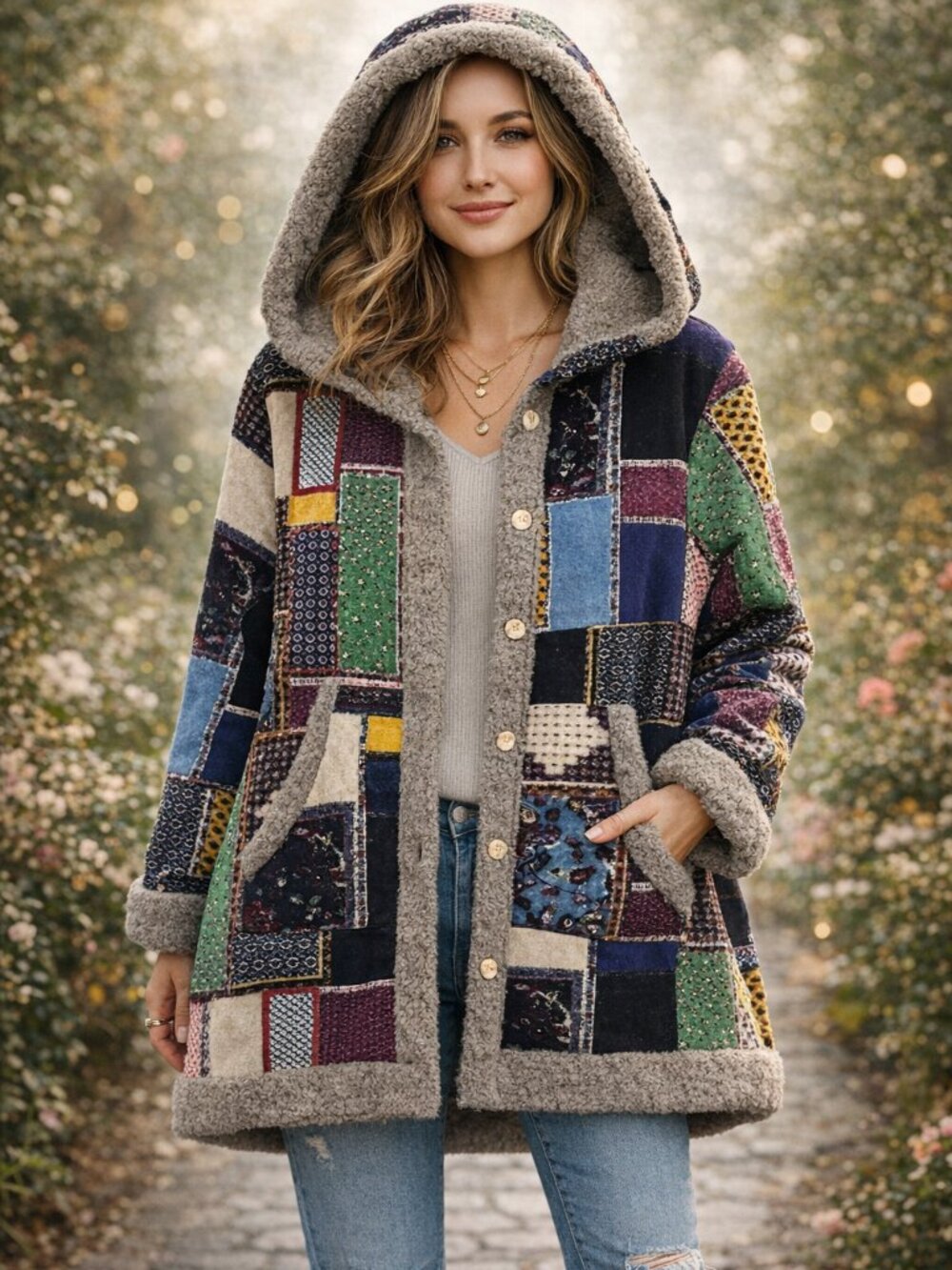 Vintage Patchwork Sherpa Coat Womens XL Multicolor Oversized Hooded Boho Lined